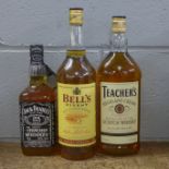 Three bottles of whisky; Bell's, Jack Daniels and Teachers