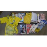 Two boxes of vintage football memorabilia, 1960's to 1990's including shirts, Panini albums,