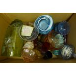 A box of mixed coloured glass vases, bowls, pots, etc. **PLEASE NOTE THIS LOT IS NOT ELIGIBLE FOR