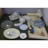 A collection of mixed china including Beatrix Potter 'Old Mr Brown' figure, and a Chinese print