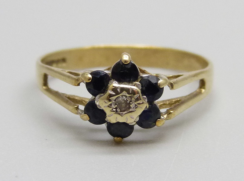 A 9ct gold, sapphire and diamond ring, 1.3g, J