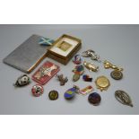 Assorted pin badges, medals and cigarette case