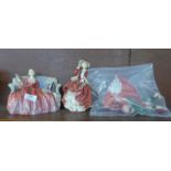 Two Royal Doulton figures, Top o' the Hill and Sweet & Twenty, and one other Lady Charmain, a/f