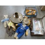 Assorted items, oil burner, Teddy bears, suitcases, postcards, etc. **PLEASE NOTE THIS LOT IS NOT
