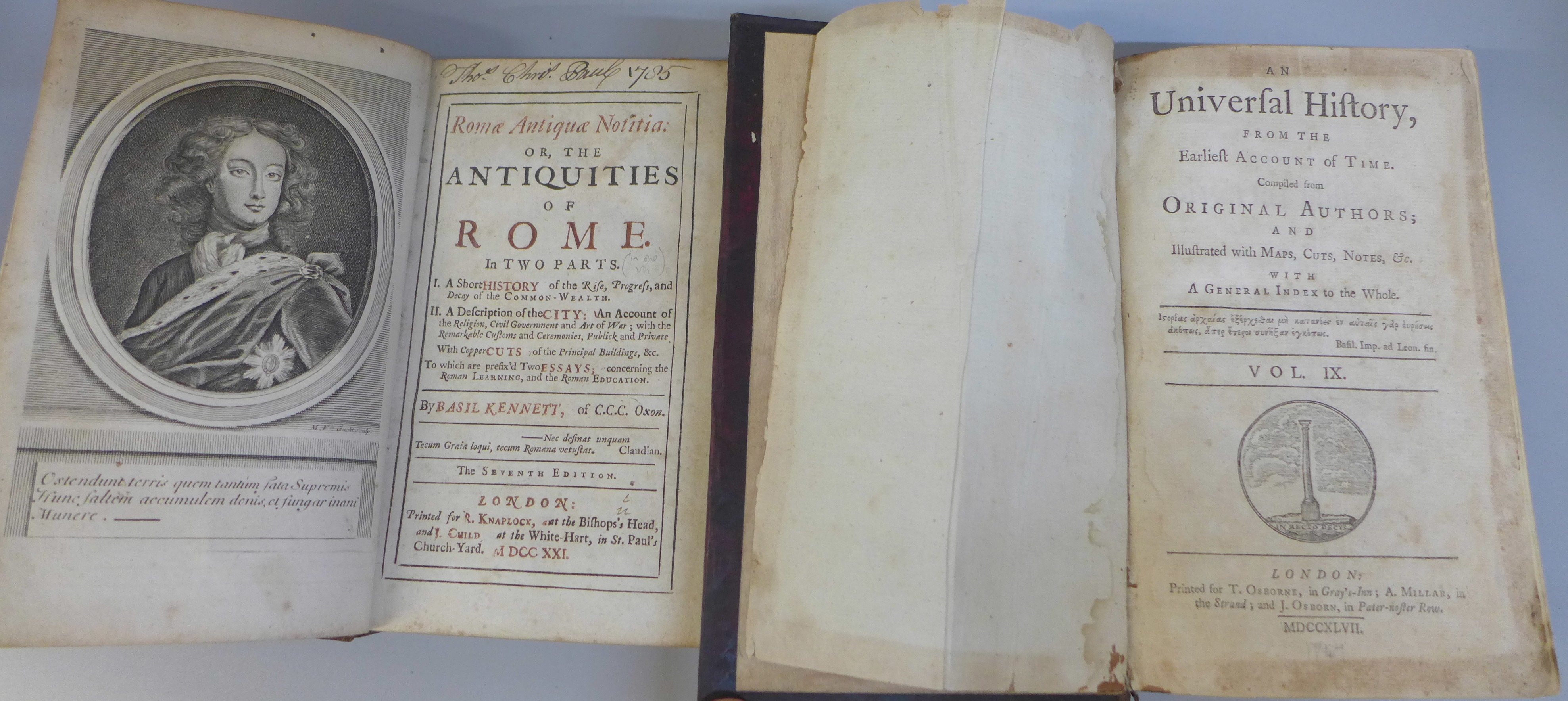 Two volumes, Antiquities of Rome, by Basil Kennett, The Seventh Edition, MDCCXXI and History of