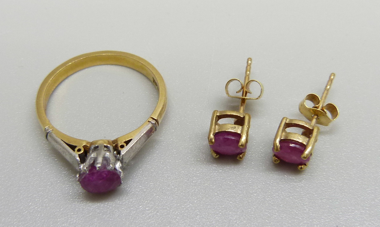 An 18ct gold and platinum set ruby ring and a pair of 9ct gold and ruby earrings, ring 2.8g, J, ( - Image 2 of 3