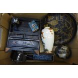 A papier mache jewellery box, plate pot/cover, Satsuma vase, cloisonne egg cup and matchbox cover,