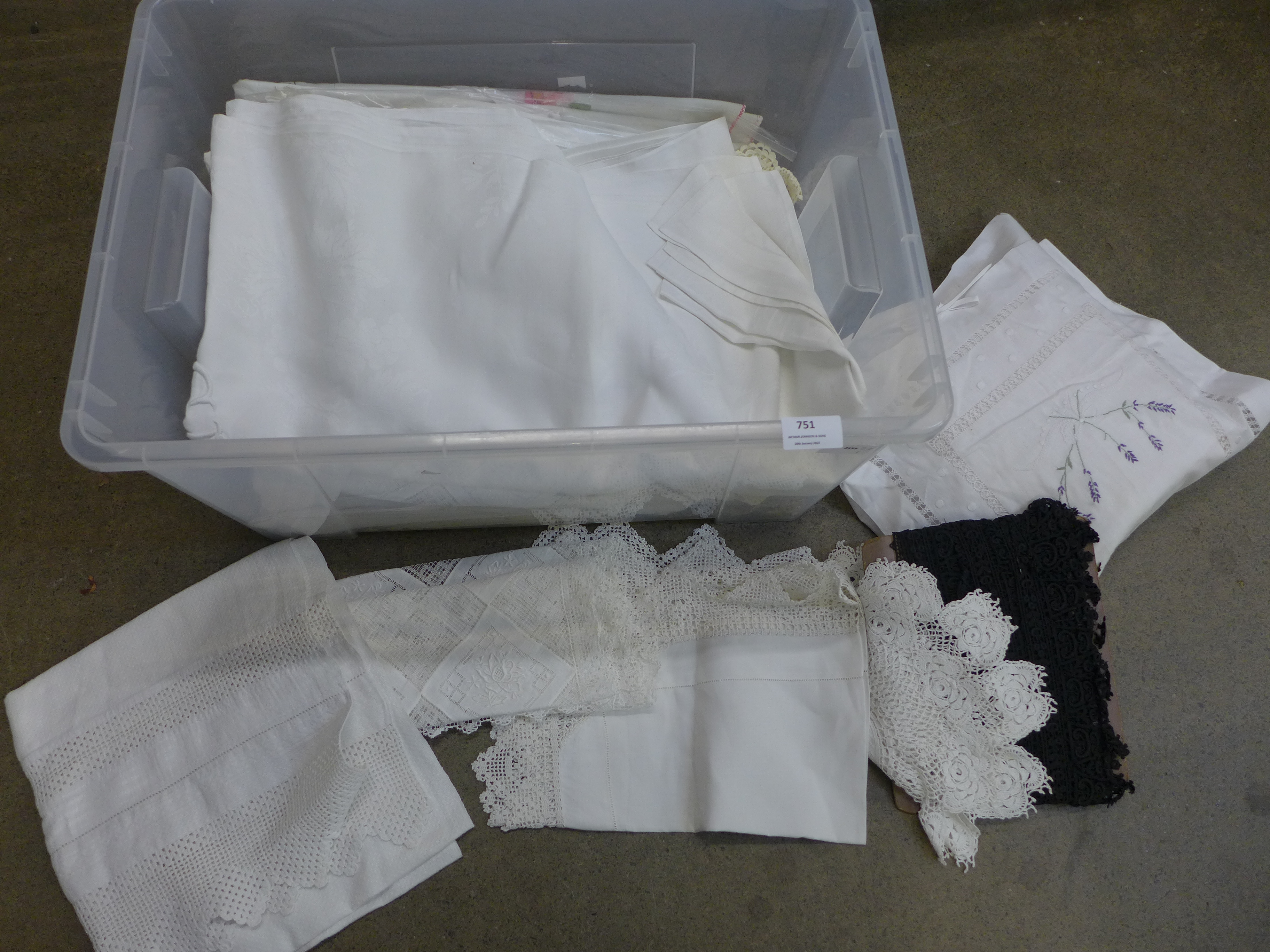 A collection of linen and tableware including Victorian embroidered tray cloth, etc., and antique