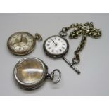 A silver fob watch and two other pocket watches, one marked Fountain Watch Co., all a/f, and an