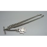 A silver Albert watch chain, with T-bar and fob, 55g