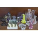 A collection of glassware including Caithness, a paperweight, vases, a cased set of knives, etc.