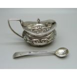 A silver mustard, Birmingham 1905 and a George III silver salt spoon, London 1801, 56g