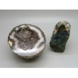 A polished Labradorite mineral sample and a geode, geode 84mm x 94mm