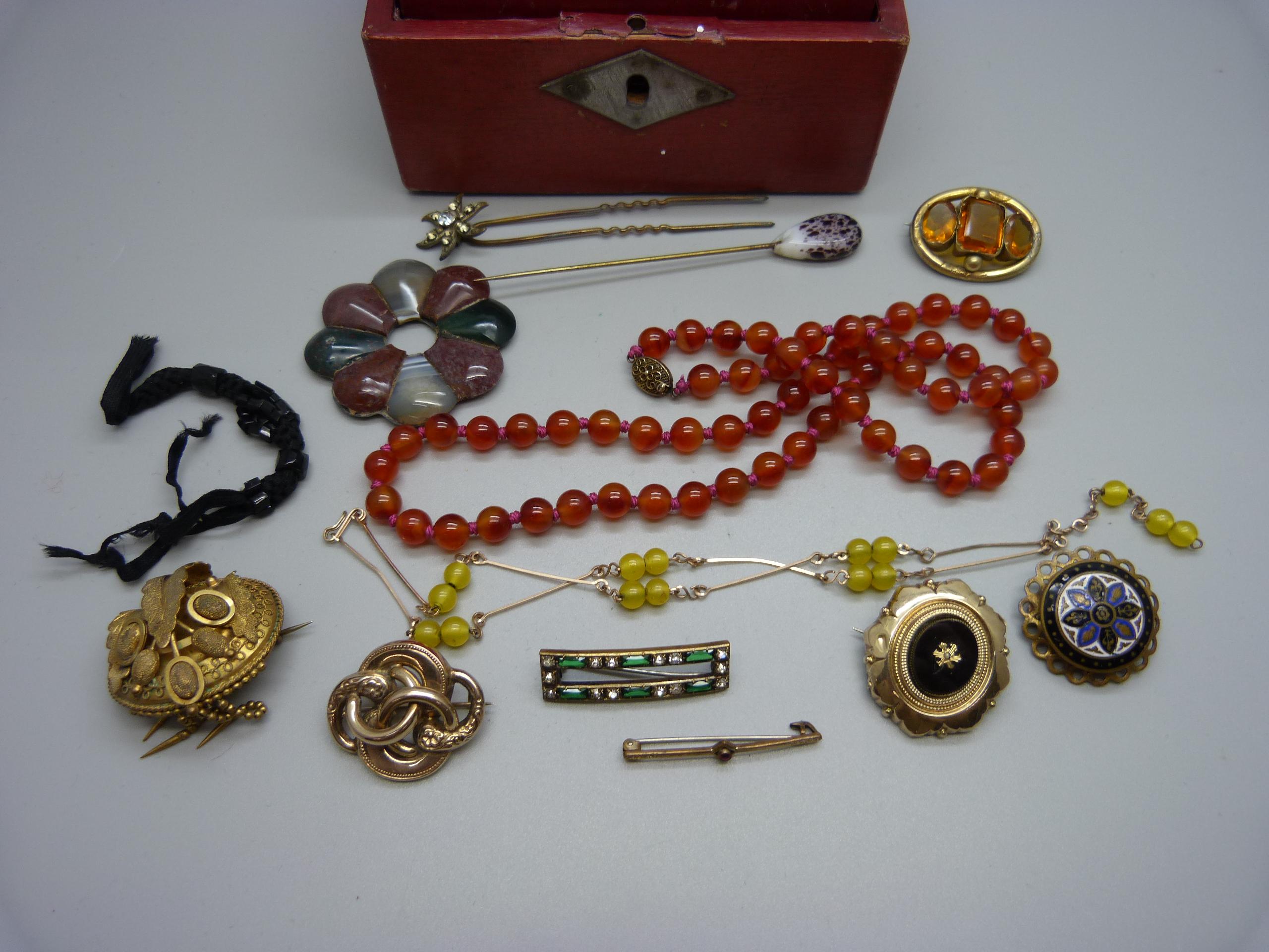 A jewellery box containing Victorian/Edwardian items, mainly jewellery; an Art Nouveau pendant, a - Image 2 of 3