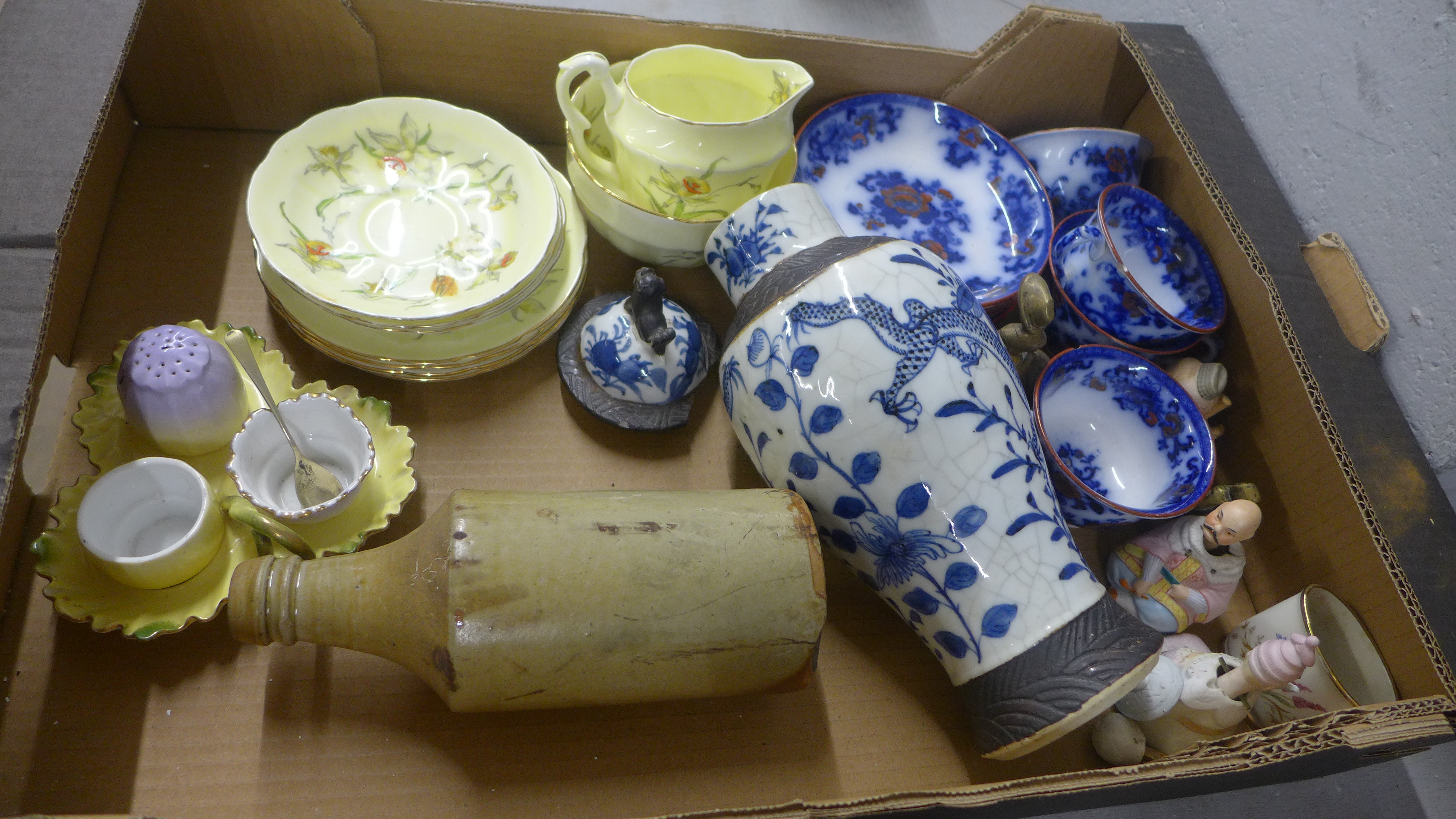 A box of mixed china, Davenport Nankin part tea set, a Japanese blue and white clobbered jar, lid