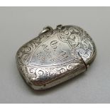 A silver vesta case, Birmingham 1892, with inscription