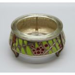 A Russian enamel silver salt cellar with glass liner, in original box