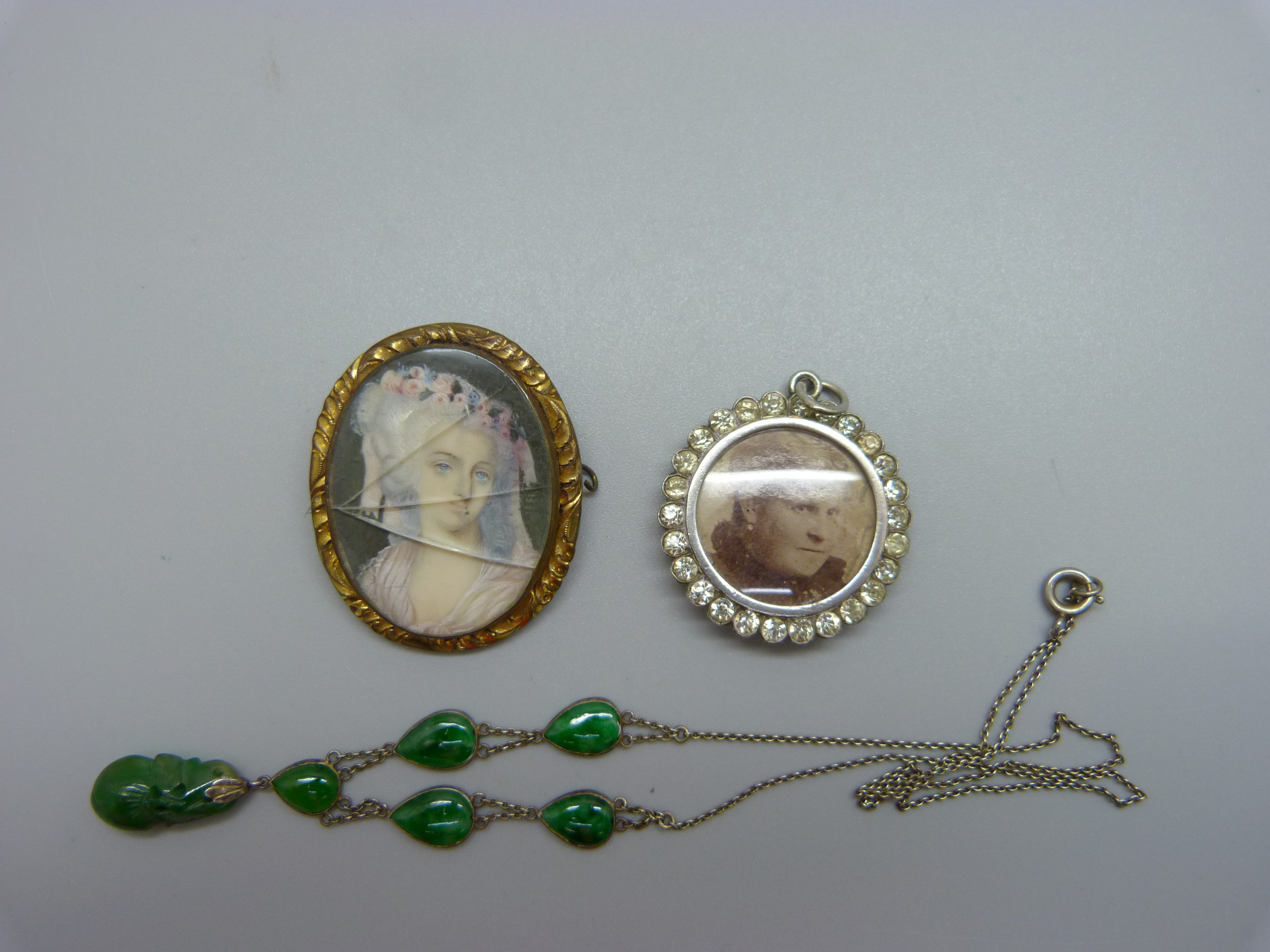 A jade set necklace, a picture pendant and a brooch lacking pin, a/f - Image 2 of 4