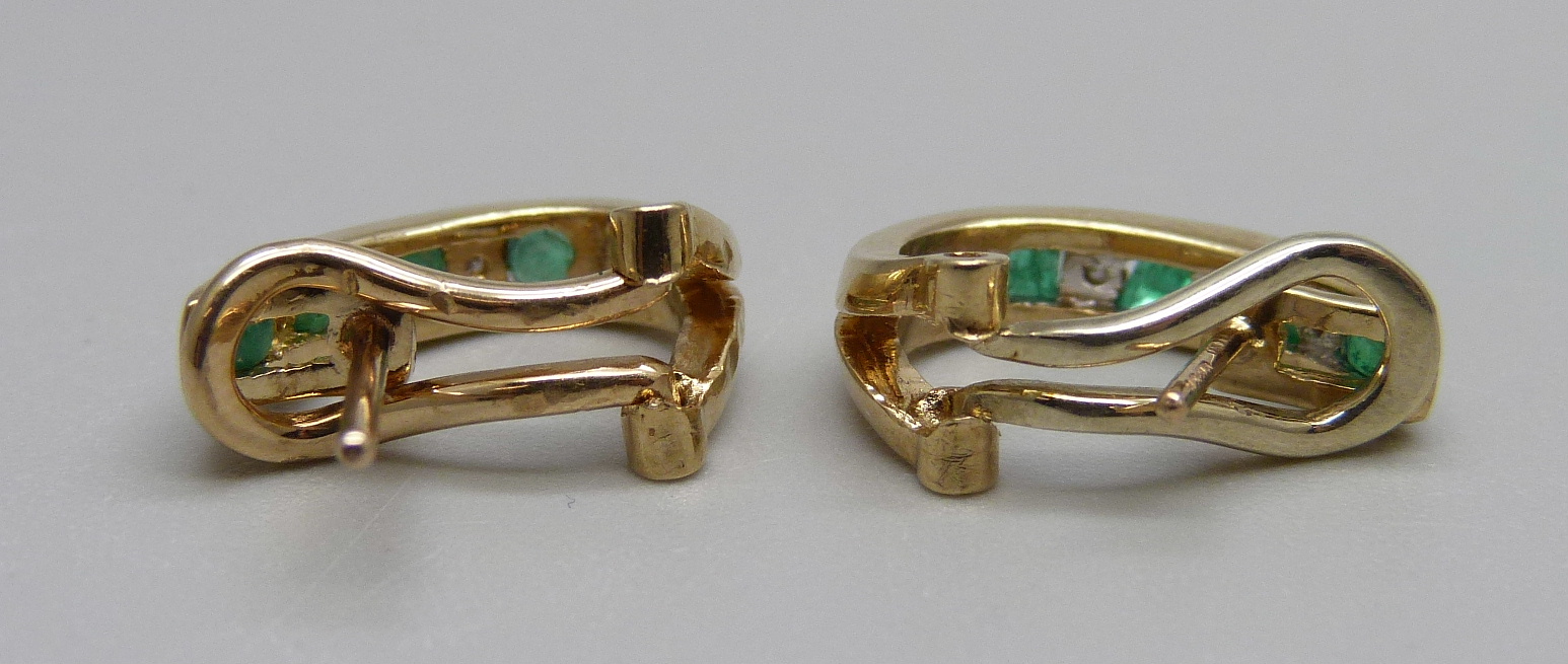 A pair of 9ct gold, diamond and emerald earrings, 3.4g - Image 2 of 2