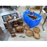 A quantity of assorted treen and three teak table lamps