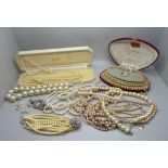 A collection of branded faux pearls including Lotus, Rosita, etc., some boxed