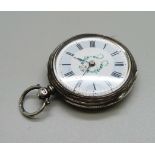 A silver fob watch, the case hallmarked Birmingham 1883