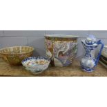 A collection of oriental china; two bowls, large planter and water jug