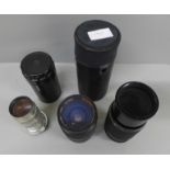 Three camera lenses, Pentax-M zoom 1:4.5 80mm-200mm, Mitakon MC zoom 1:3.5/4.5 28-80mm and Russian