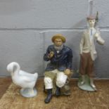 A Lladro figure of a golfer, Nao goose and a model of a fisherman