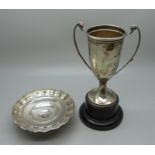 A hallmarked silver trophy and an 800 silver dish, 90g