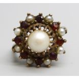 A 9ct gold, pearl and garnet cluster ring, 4.9g, M