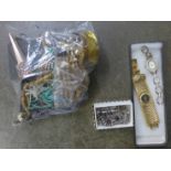 A bag of costume jewellery, lady's Oris and Luis Santini wristwatches