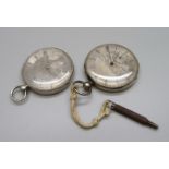 A silver pocket watch with silver engraved dial depicting a town/lake scene and one other similar,