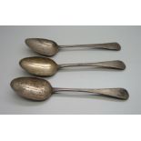 A pair of Victorian Scottish silver spoons and one George III silver spoon by the Bateman family,