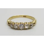 An early 20th Century 18ct gold five stone diamond ring, 2.8g, O