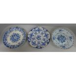 Three 18th Century blue and white plates, two Delft and one English, all a/f
