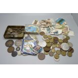 British coins and crowns including two 1889 Victorian crowns, silver 3d coins and other coins