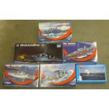 Six model ship and submarine kits; four Mirage Hobby, one Trumpeter and one Ukraine