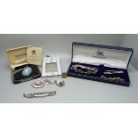 Silver jewellery including an Art Deco watch ring, a tigers eye bracelet, a white metal brooch, etc.