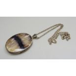 A large silver mounted Blue John pendant with silver chain, 35mm x 46mm