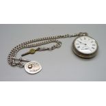 A silver double Albert chain, with a silver Benson pocket watch and a silver fob