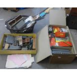 Two boxes of Hornby 00 model rail, some die-cast model vehicles and a basket of track and