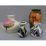 Four Moorcroft vases including two miniature
