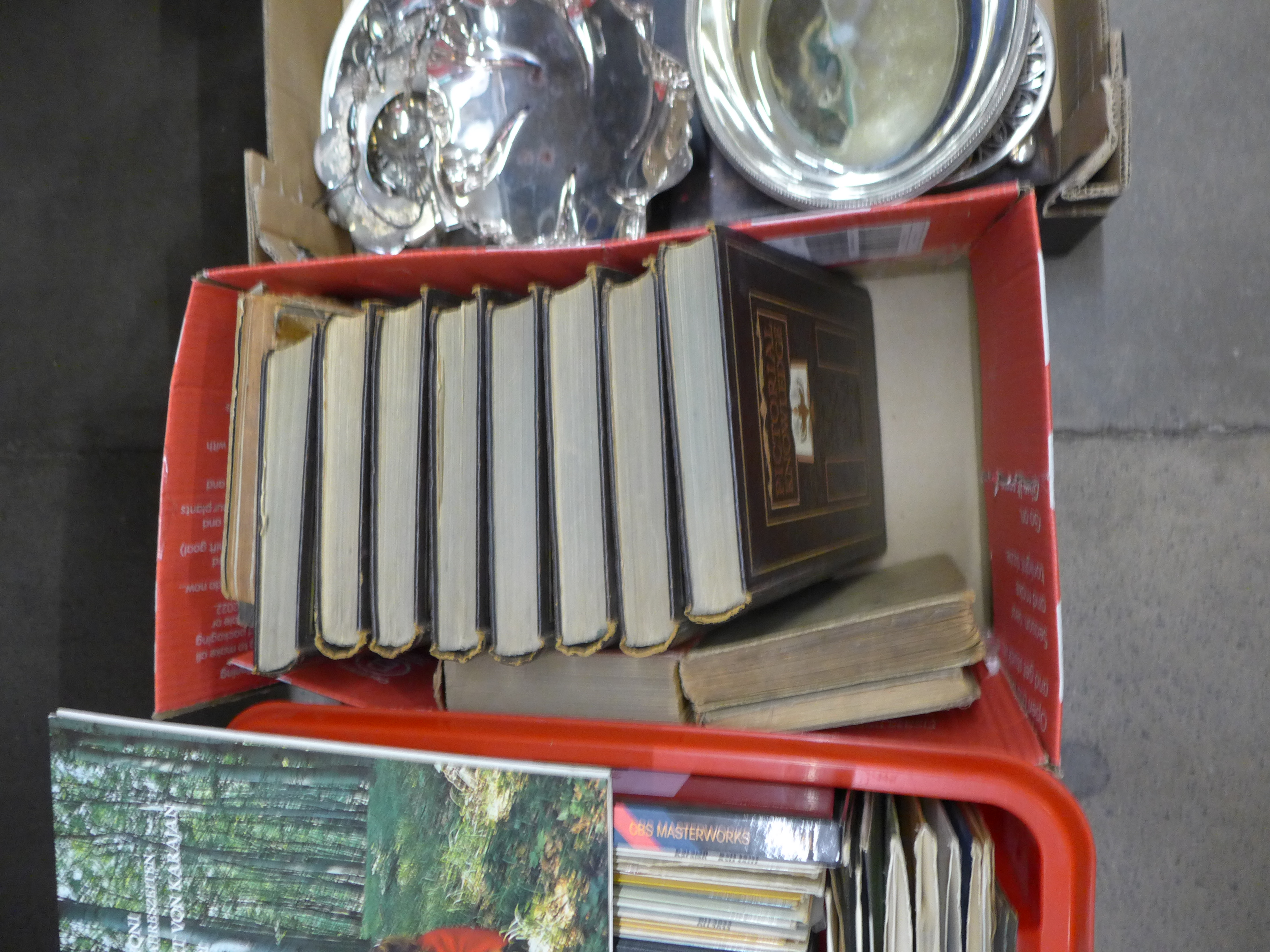 A box of silver plate, LP records and 7" singles and books, including Pictorial Knowledge and - Image 4 of 5