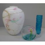 Three items of art glass; Whitefriars finger vase in kingfisher blue, 14cm, studio white cased