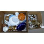 Two boxes of assorted china including four Royal Doulton Peter Pan collectors plates, animal