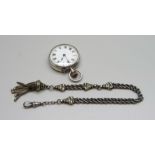 A silver fob watch and an Albertina chain