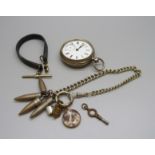 A silver pocket watch, lacking glass, a chain with fobs and a leather Albert