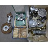 A box of metalwares, barometer, pair of brass candlesticks, etc. **PLEASE NOTE THIS LOT IS NOT