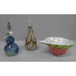 Three items of Maltese glass; M'dina Earth Tones perfume bottle and sea horse paperweight with M'